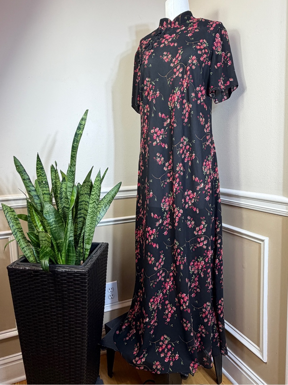 Chinese Qipao Dress Maxi Sheer Black Pink Blossoms Mandarin Collar Short Sleeve